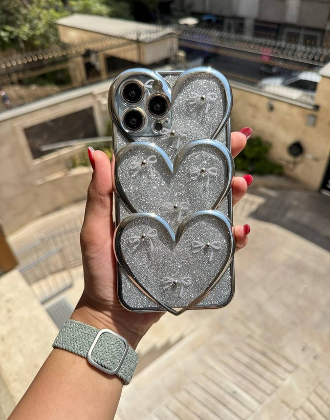 قاب آیفون 14 پرومکس قلبی پاپیونی نگین برجسته با ورق شاین