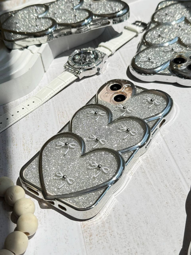 قاب آیفون 14 پرومکس قلبی پاپیونی نگین برجسته با ورق شاین