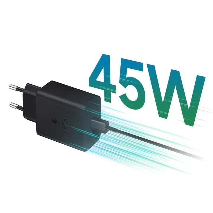شارژر دیواری 45 وات سامسونگ مدل EP-T4510، اتصال سه پین، درگاه خروجی USB-C، به همراه کابل USB-C، دارای قابلیت شارژ سریع، تکنولوژی شارژ PD 1.0