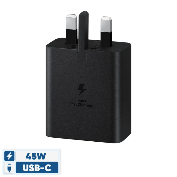 شارژر دیواری 45 وات سامسونگ مدل EP-T4510، اتصال سه پین، درگاه خروجی USB-C، به همراه کابل USB-C، دارای قابلیت شارژ سریع، تکنولوژی شارژ PD 1.0